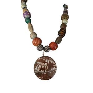 Boho Handcrafted Multicolor Beaded Necklace With Statement Brown & White Pendant